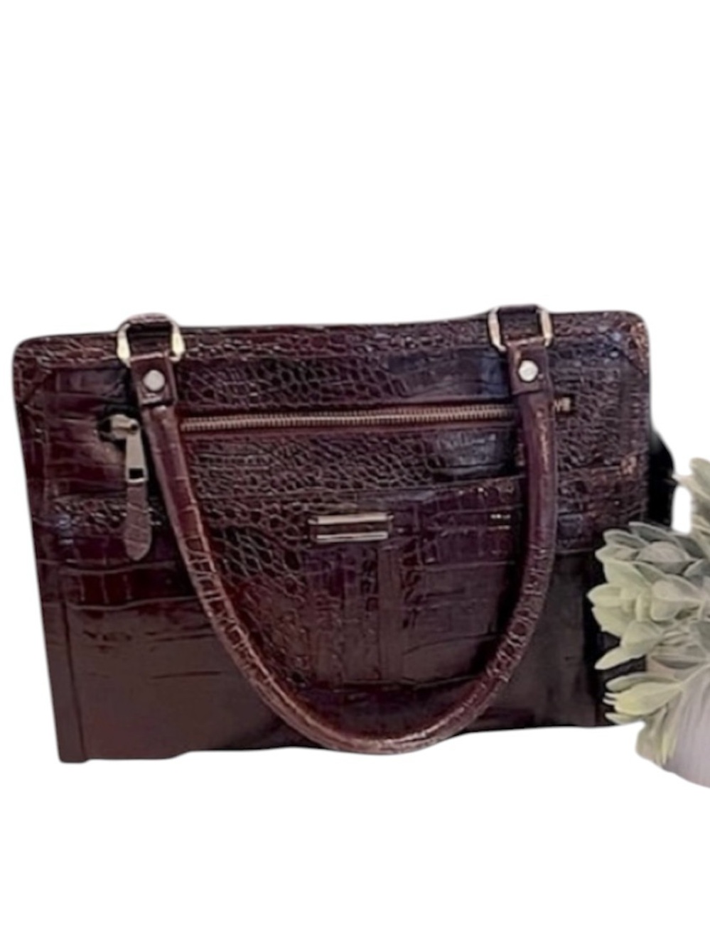 Vintage Brown Leather Croc Embossed Shoulder Satchel Tablet Case Bag Purse